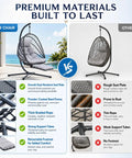 Comparison of Chill Hanging Egg Chair With Stand And Retractable Footrest In Dark Gray Frame Wicker Rattan Swing Chair with a generic option highlighting material quality and features.