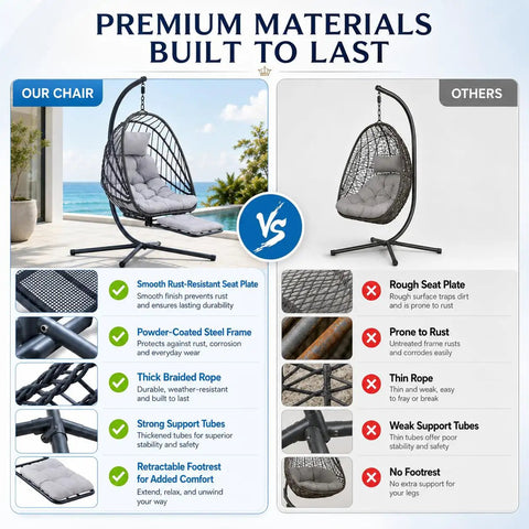 Comparison of Chill Hanging Egg Chair With Stand And Retractable Footrest In Dark Gray Frame Wicker Rattan Swing Chair with a generic option highlighting material quality and features.