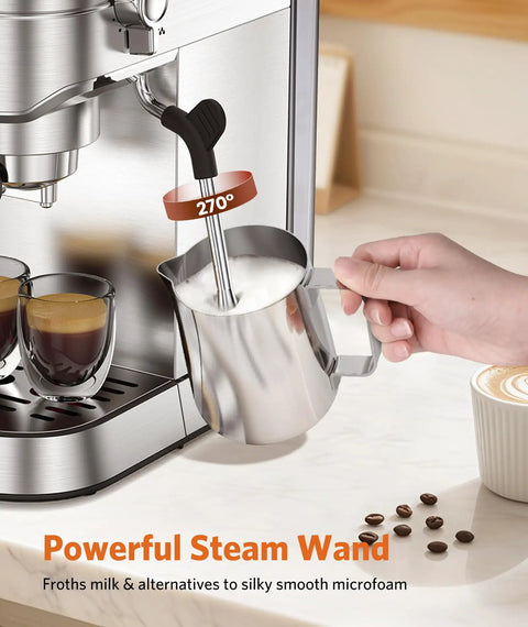 Heavy Duty 20 Bar Espresso Machine Boasts Pro Steam Frother And Brushed Stainless Body Includes 40 Oz Quick Fill Tank frothing milk.