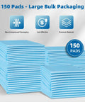 Heavy Duty Hassle Free Disposable Bed Pads For Dogs And Adults Super Soak Up Waterproof Training Sheets Leak Locked Backers 150 Count Pack in bulk packaging.