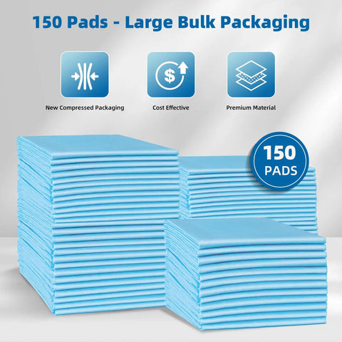 Heavy Duty Hassle Free Disposable Bed Pads For Dogs And Adults Super Soak Up Waterproof Training Sheets Leak Locked Backers 150 Count Pack in bulk packaging.