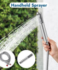 Hand using Polished Chrome Outdoor Shower Kit with Handheld Sprayer against green background