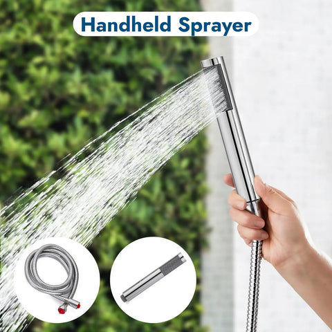 Hand using Polished Chrome Outdoor Shower Kit with Handheld Sprayer against green background