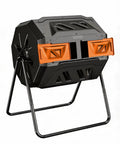 43-Gallon Dual Chamber Compost Tumbler With 360 Degree Rotating Design, Steel Frame, Aeration System, And Dual Sliding Doors, Black and Orange