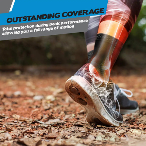 Runner wearing unisex lace up ankle brace with adjustable compression for plantar fasciitis sprains tendinitis swelling arthritis.