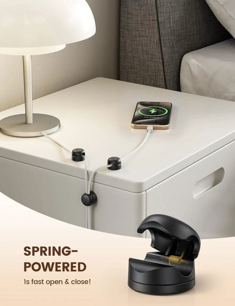 Go To Rotatable Cord Organizer 360 Degree Cable Clips Adhesive Wire Holder for desk with USB cables attached.