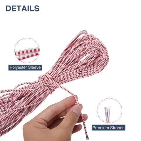 Close-up of red and white polyester Beefed Up Heavy Duty Tent Pole Shock Cord 3/32 Inch 60 Ft Replacement Elastic Bungee Cord