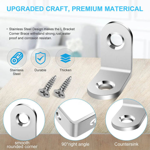 Beefy Heavy Duty Stainless Steel L Brackets Set With 100 Screws 90 Degree Right Angle Shelf Corner Braces For Wood Shelves Dressers Chairs Rugged Furniture Support Kit 0.79 By 0.79 Inch 50 Pieces, showing detailed design with screws and circular cutouts on a wooden surface.