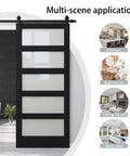 36X84 Black Frosted Glass Barn Door With Complete Hardware Kit And Six Point Six Foot Track Handle No Sweat Install, shown installed in various rooms.