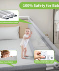 One Piece Adjustable Height Toddler Bed Rail Fits Twin Full Queen King Beds With One 74.8 Inch Side Easy Install Kid Safe Guard Rail For Any Bed Durable Protective Barrier For Sleep Time with a toddler holding onto the rail in a bedroom setting.