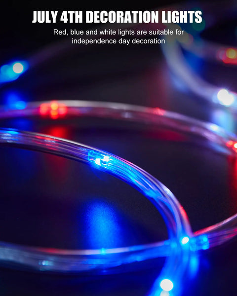 66Ft Connectable Outdoor Rope Lights With 200 LEDs Remote, 18 Color Changing Modes displaying red, blue, and white lights