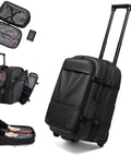 Amazon 21-inch black carry-on luggage with extendable handle, wheels, USB port, pump, and vacuum-seal bag kit