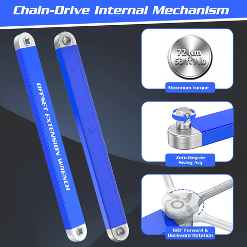 Heavy Duty Offset Extension Wrench Set Featuring Chain Drive Mechanism And Zero Degree Swing Arc, showing details of internal mechanism.