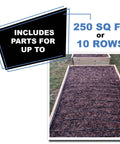 Gravity-Fed Drip Irrigation Kit setup covering 250 sq ft garden bed with inline emitters for rain barrels and cisterns.