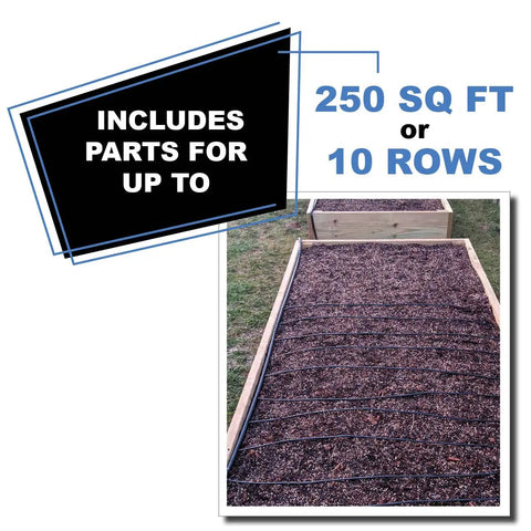 Gravity-Fed Drip Irrigation Kit setup covering 250 sq ft garden bed with inline emitters for rain barrels and cisterns.