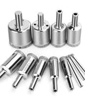 Set of 12 diamond hole saw drill bits for ceramic glass tile marble granite, sizes from 4mm to 30mm.