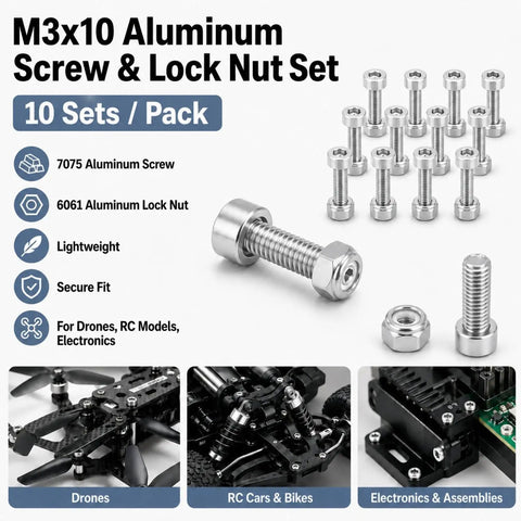 Rock Solid Heavy Duty M3 10mm Socket Cap Screws Paired With M3 Nylon Locknuts 10 Piece Pack shown with aluminum materials.
