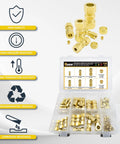 Front view: brass compression tube fittings kit, 108pcs; 1/8-1/2 in OD unions and sleeves in plastic case