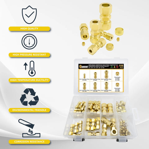 Front view: brass compression tube fittings kit, 108pcs; 1/8-1/2 in OD unions and sleeves in plastic case