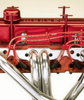 Super Loom Spark Plug Wire Loom Kit With Chrome Valve Cover Brackets on engine, showing chrome pipes and red wires