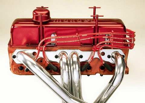 Super Loom Spark Plug Wire Loom Kit With Chrome Valve Cover Brackets on engine, showing chrome pipes and red wires
