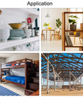 Dowel pins application collage for furniture and construction: shelves, bunk bed, timber frame.