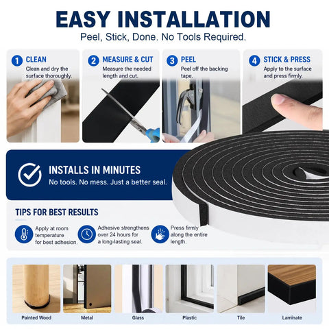 Image showing installation steps for Heavy Duty Neoprene Foam Insulation Tape Self Adhesive Weather Stripping For Doors And Windows.