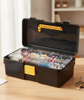 Straight Up Small Parts Organizer Bin With Stay Put Hinged Lid For Desk And Workspace, showcasing colorful beads and threads.