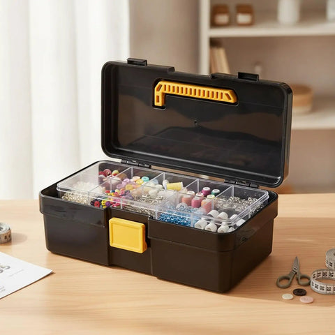 Straight Up Small Parts Organizer Bin With Stay Put Hinged Lid For Desk And Workspace, showcasing colorful beads and threads.