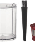 No Sweat Automatic 2 In 1 Coffee Grinder For Single Serve Pods And Fresh Beans accessory set includes clear container and reusable filter.