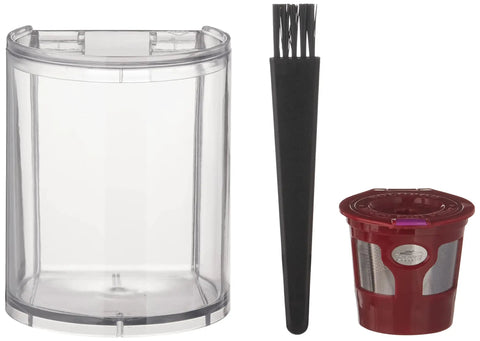 No Sweat Automatic 2 In 1 Coffee Grinder For Single Serve Pods And Fresh Beans accessory set includes clear container and reusable filter.