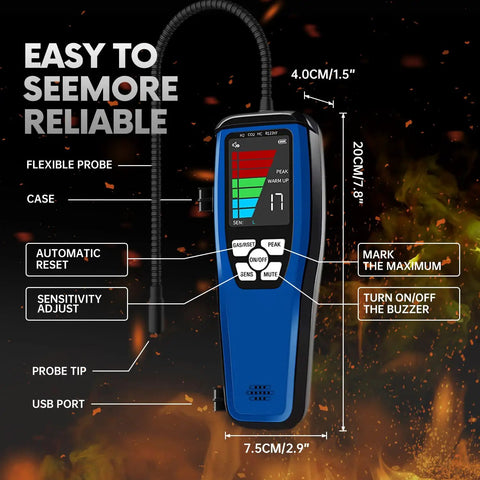LD600 Portable Gas Leak Detector with 16 inch gooseneck and blue case, featuring buttons and display for natural gas and combustible gas detection.