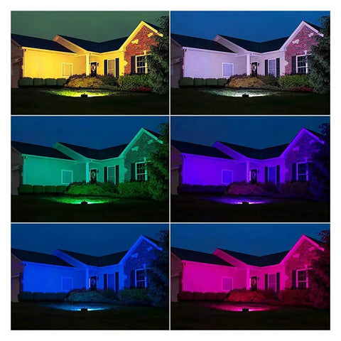 JUDYSSY Led RGB Flood Light 50W illuminating a house in different colors at night, showcasing RGB effects for outdoor spaces.