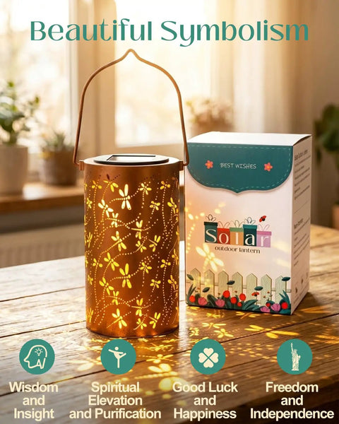 Dragonfly Solar Lantern Outdoor Decor For Patio And Garden, Waterproof Metal Hanging Light With LED Warm Glow, 1 Pack on table