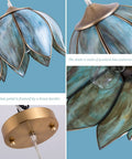 Brass Glass Tiffany Style Pendant Light With Vintage Lotus Flower Stained Glass Shade Hanging Chain Lamp close-up of blue lotus shade.