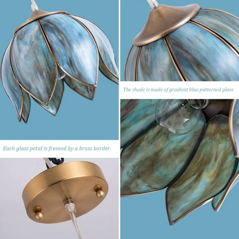 Brass Glass Tiffany Style Pendant Light With Vintage Lotus Flower Stained Glass Shade Hanging Chain Lamp close-up of blue lotus shade.