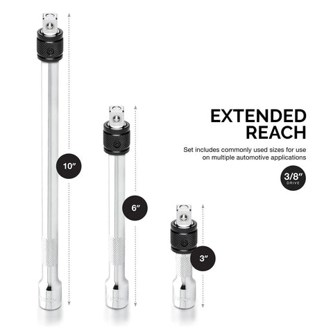 Three Eighths Inch Drive Locking Extension Bar Set Three Piece With Three, Six, And Ten Inch Extensions For Reaching Tight Nuts, Bolts, Sockets, And Spark Plugs With A Torque Wrench, Ratchet, Or Impact, Chrome Vanadium Steel, showing sizes.