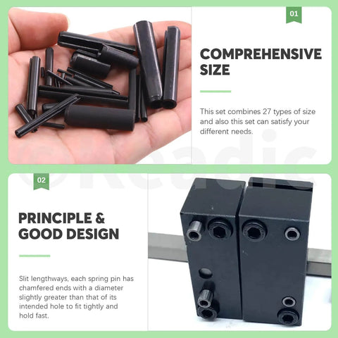 405 Piece Roll Pin Set With 27 Sizes Slotted Spring Pins For Dowel Tension And Expansion Black Steel Pins M1.5 to M10