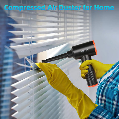 Person using Electric Air Duster With 6000mAh Battery 3 Speed LED Turbo Clean For Home Office Car Reusable Dust Blower on blinds