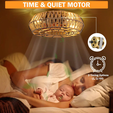 20 Inch Caged Farmhouse Ceiling Fan With Light Remote Control Low Profile Flush Mount Enclosed Design over sleeping mother and baby