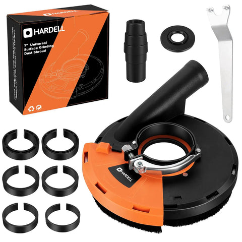 7 Inch Dust Shroud For Angle Grinder Heavy Duty Surface Grinding Dust Capture, with accessories and packaging box.
