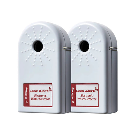 Dual Leak Alert Water Leak Detector And Flood Sensor with 90 dB alarms, battery powered, 2 pack, white moisture alarm system front view