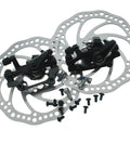 Front And Rear Disc Brake Kit With 2 X 160MM Stainless Rotors And Calipers, Ready To Roll Mechanical Disc Brake System For Mountain, Folding, Road And BMX Bikes, Includes Mounting Screws And Rotor Screws For Quick Install, image showing components laid out.