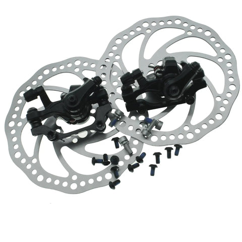Front And Rear Disc Brake Kit With 2 X 160MM Stainless Rotors And Calipers, Ready To Roll Mechanical Disc Brake System For Mountain, Folding, Road And BMX Bikes, Includes Mounting Screws And Rotor Screws For Quick Install, image showing components laid out.