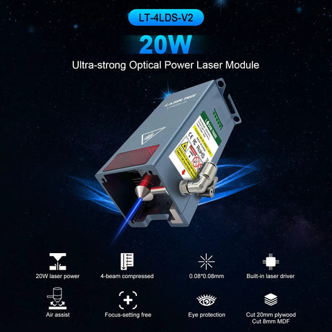Front view of Beast Power 20W Laser Engraver Module With Air Assist And Quad Compression Spot Head, showing air assist feature.