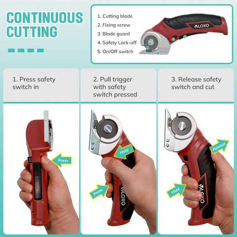Cordless Electric Scissors For Cardboard And More 240 RPM Box Cutter That Slices Through Quarter Inch Materials With Ease Self Sharpening Tungsten Steel Blade Cuts Leather Carpet Plastic Mats Felt And More, safety steps