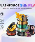 Stacks of colorful silk PLA filament spools with glossy 3D-printed dragon and tower, showcasing silk finish and shine for 3D printing.