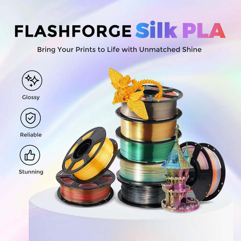 Stacks of colorful silk PLA filament spools with glossy 3D-printed dragon and tower, showcasing silk finish and shine for 3D printing.