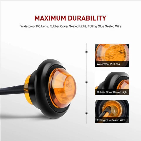 10-Pack Compact 3/4 Inch Round Clearance LED Marker Lights Kit For Truck, RV, Car, Bus, Trailer, And Boat Amber 12V waterproof design