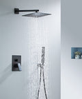 Matte Black 10 Inch Rainfall Square Shower Head System With Multi Function Wall Mounted Trim Kit Easy Install Game Changer Spa Quality Water Pressure For Modern Bathrooms installed in modern bathroom.